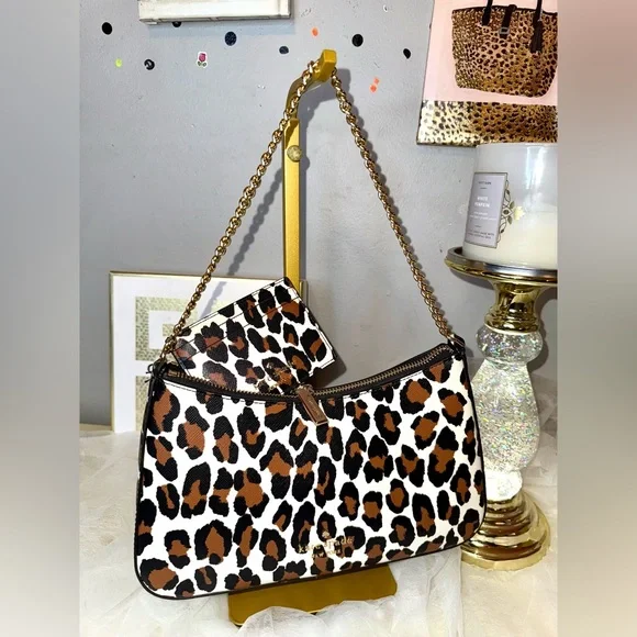 2FER NWOT Kate Spade Pochette Spotted Leopard Shoulder Bag with Gold Chain - Picture 4 of 8